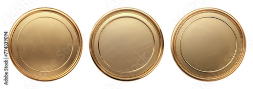 Set of realistic blank golden coins or medals isolated on white, empty metallic token template
