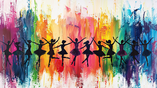 silhouette of group of ballet girls performing on colorful paint art background International Dance Day 29 april Design template for banner, flyer, invitation, brochure, poster or greeting card.