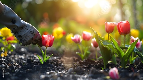 The gardener carefully tends to their flower garden,planting vibrant tulips and other blooming flora that bring a sense of spring beauty and life to