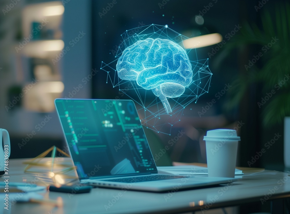 digital brain hologram floating above an open laptop, the concept of ...