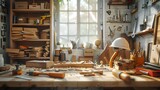 Vintage Workshop with Assorted Woodworking Tools and Equipment Scattered on Rustic Wooden Table