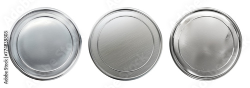 Set of realistic blank silver coins or medals isolated on white, empty metallic token template