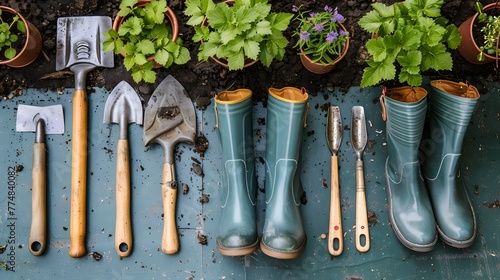Assorted Gardening Tools and Rubber Boots Laying on Verdant Grass in a Backyard Setting photo