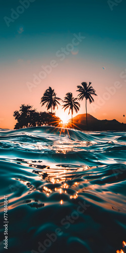 Pôr do sol na praia com coqueiros photo
