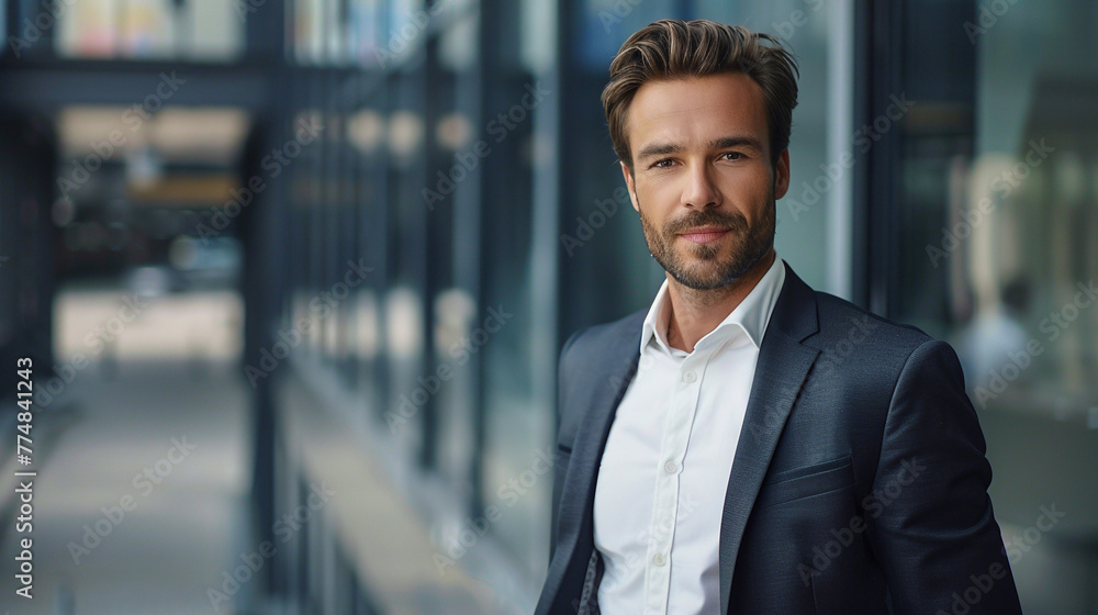 Portrait of a handsome young businessman standing in an office building. AI. Portrait of a handsome young businessman standing in an office building. AI.