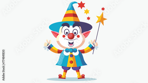 Clown with hat and magic wand flat vector isolated