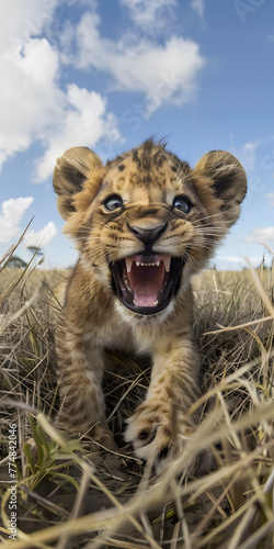 Filhote de leão feliz brincando na grama