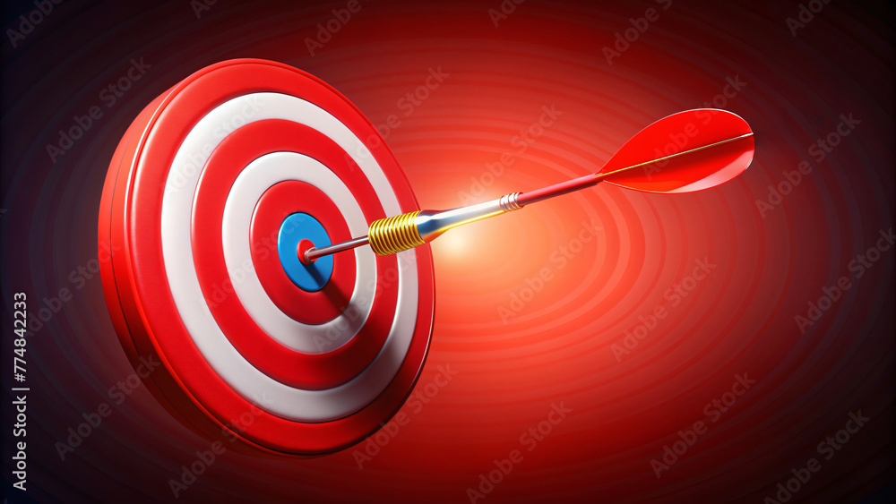 Successful Targeting: A red dart precisely hits the bullseye on a dartboard, symbolizing accuracy and achievement in business and competition Successful Targeting: A red dart precisely hits the bullseye on a dartboard, symbolizing accuracy and achievement in business and competition