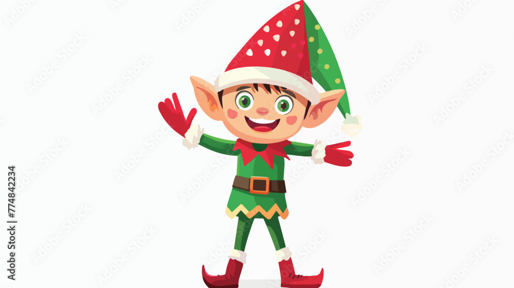 Cute Christmas elf waving hand flat vector isolated