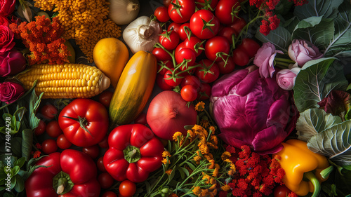 Assortment of Fresh Vegetables with Flowers  Top View. Colorful background  perfect for cooking projects