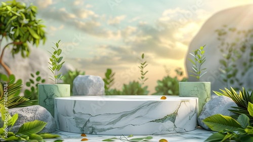 Elegant D Marble Podium Scene with Leaf Motifs and Vivid Summer Backdrop for Captivating Product Presentations