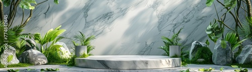 Sleek Marble Podium with Vibrant Foliage Backdrop for Elevated Product Displays