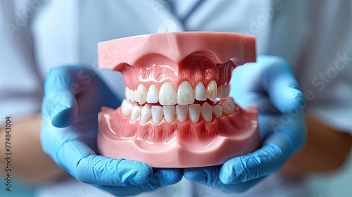 Close-up of a dental model held by hands in blue gloves. photo