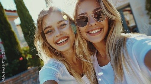 Two young smiling hipster blond women in summer white t-shirt clothes. girls taking selfie self portrait photos on smartphone. 