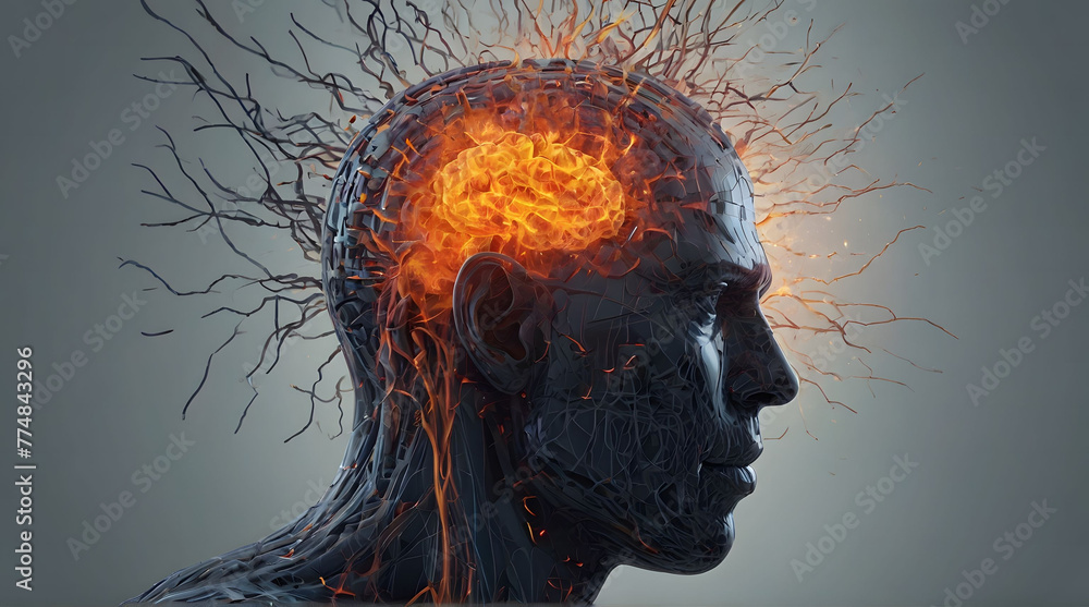 Burnout concept with male head and brain exploding Burnout concept with male head and brain exploding