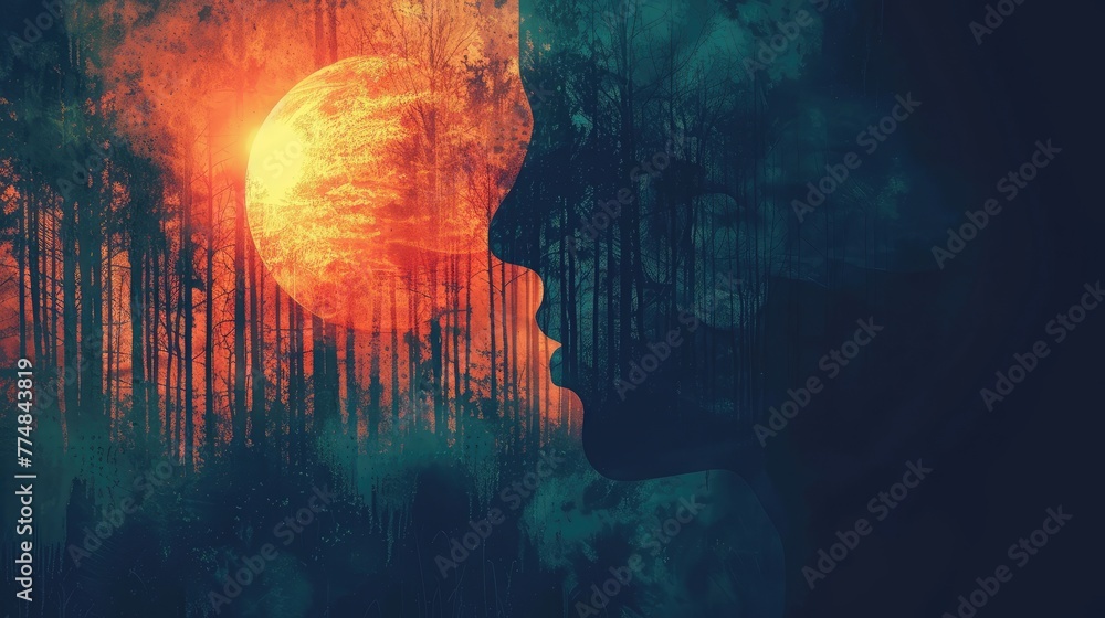Fototapeta premium Fiery sunset and forest silhouette merged with a woman's profile.