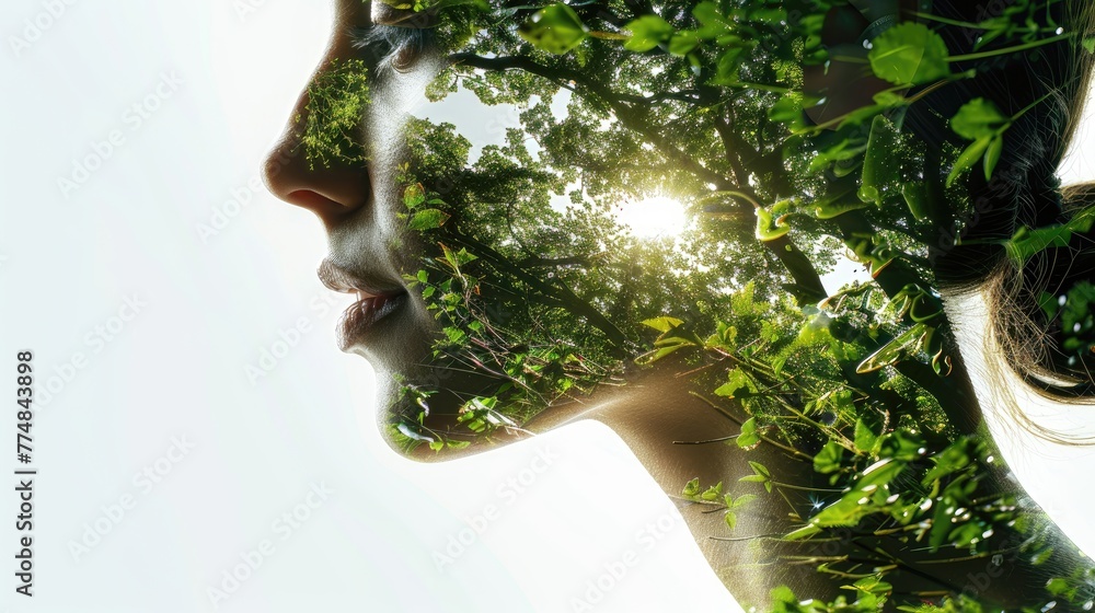 Woman's silhouette against a vivid forest and sunlight.