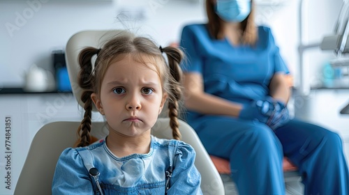 A little girl looking apprehensive in a dentist's chair, professional in the back. photo