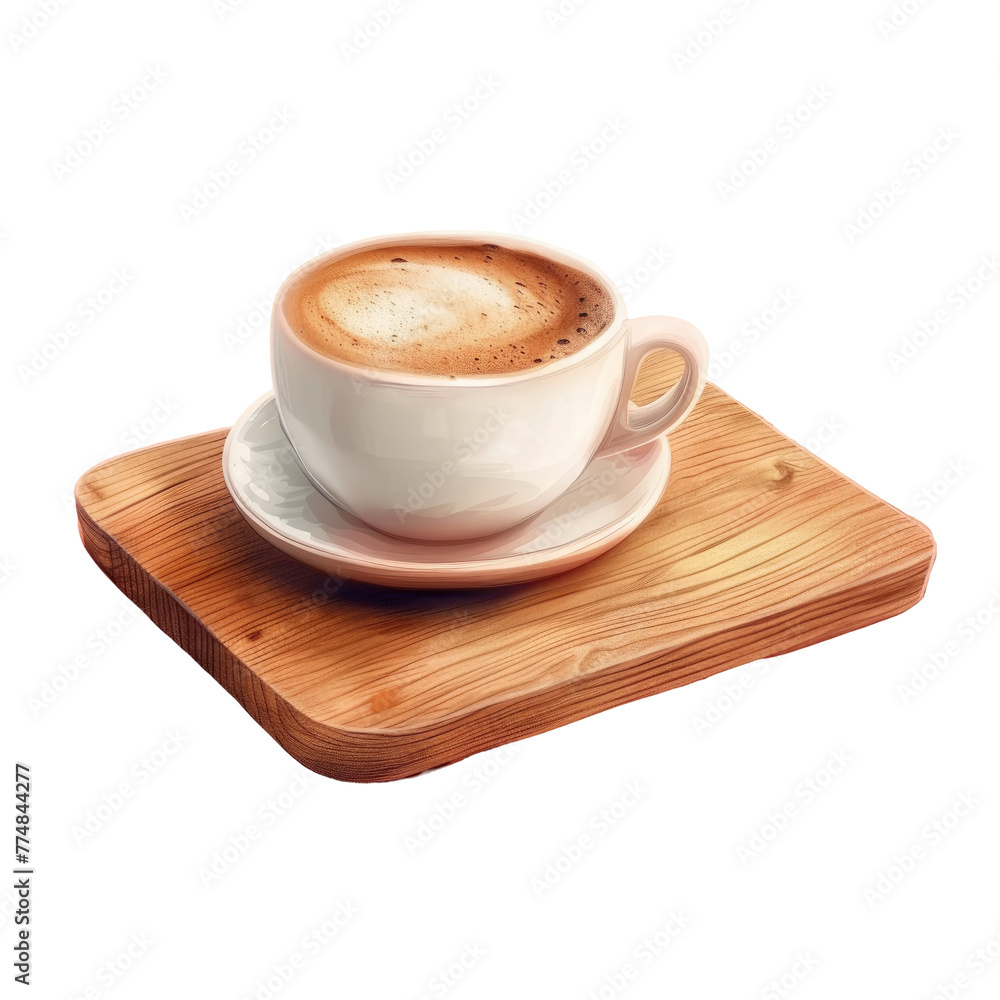 A cup of coffee on a wooden tray on a Transparent Background A cup of coffee on a wooden tray on a Transparent Background