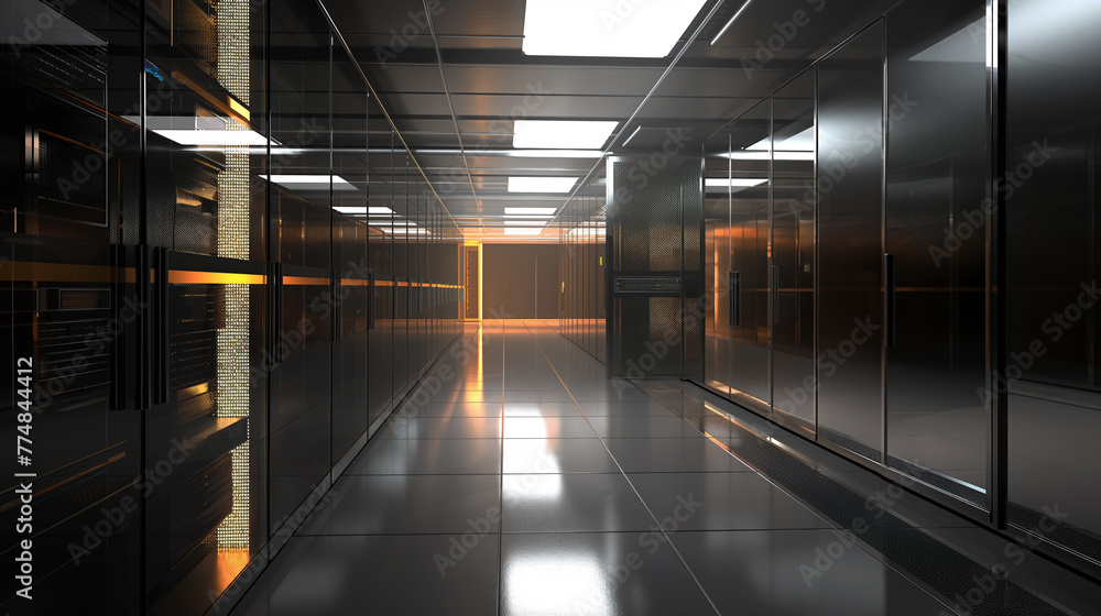 Server room, Data center with operational server racks. Concept: Modern telecomunication, AI, Supercomputer technology. Dark interior. Server room, Data center with operational server racks. Concept: Modern telecomunication, AI, Supercomputer technology. Dark interior.