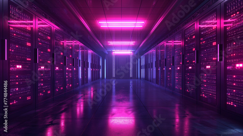 Server room, Data center with operational server racks. Concept: Modern telecomunication, AI, Supercomputer technology. Red and pink neon colors.