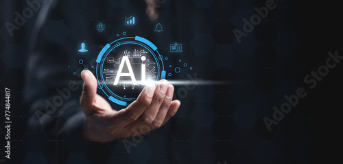 Artificial Intelligence. man using technology smart robot AI, Chatbot Chat with AI, artificial intelligence by enter command prompt for generates something, Futuristic technology transformation.