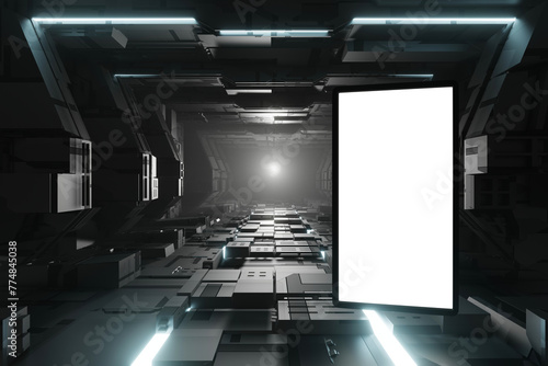 Fototapeta Naklejka Na Ścianę i Meble -  Blank mock up vertical billboard or LCD screen floor stand in spaceship or space station interior, Sci Fi tunnel, 3D rendering.