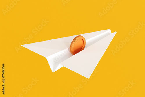 Paper plane with gold coin inside flying forward, business innovation, 3D rendering.