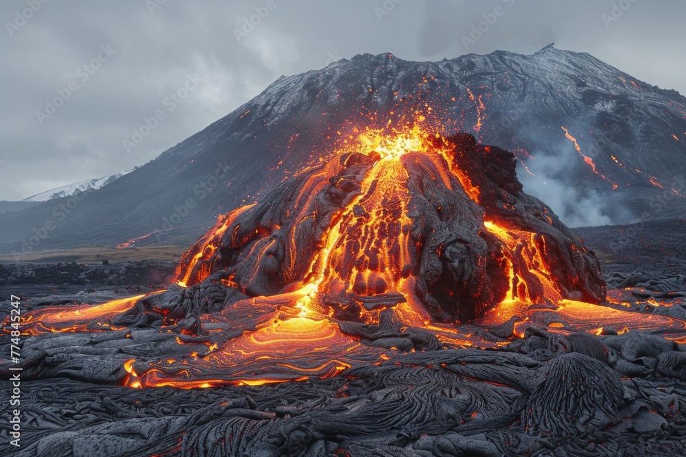 Fiery Volcanic Eruption Illuminating the Rugged Landscape