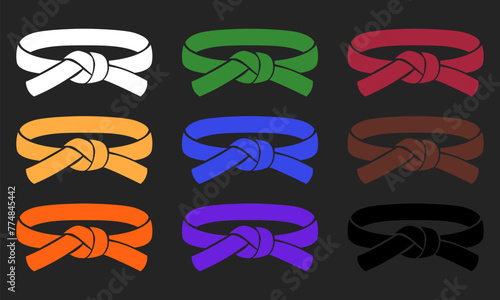 Set with belts karate on white background. Full Collection of martial arts belts