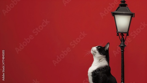 Black and white cat looking up at classic street lamp with bright bulb against solid red background