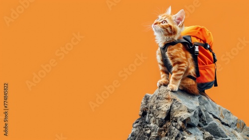 Orange tabby cat with backpack sitting on rock against background