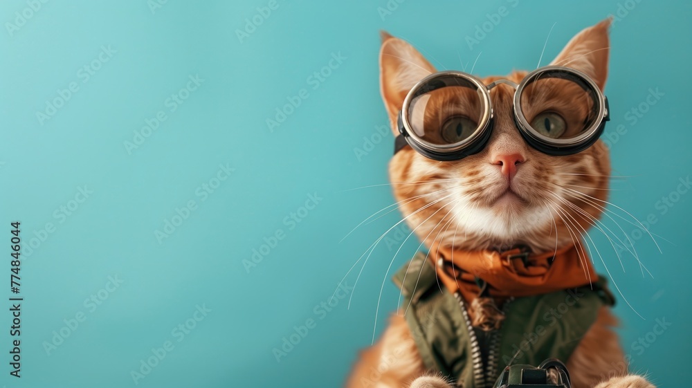 Ginger cat dressed as pilot with goggles and scarf against blue background