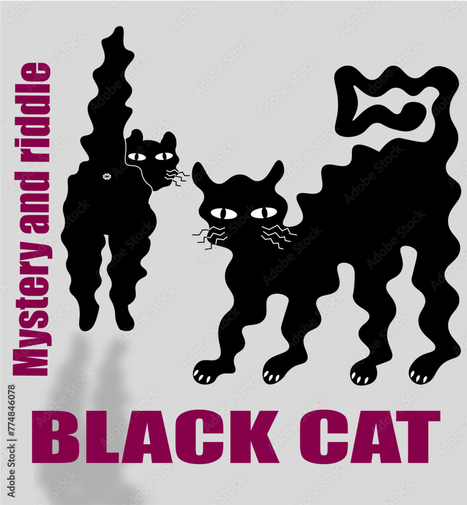 Two black cat drawings, wavy cat frightened, poster, cartoonish Two black cat drawings, wavy cat frightened, poster, cartoonish