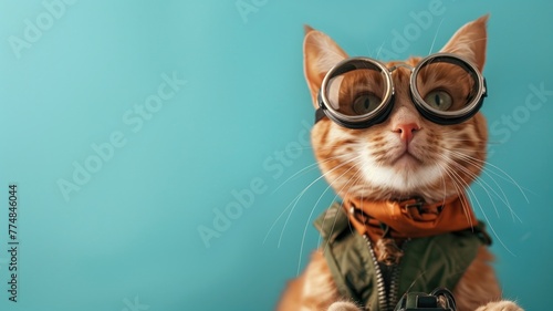 Ginger cat dressed as pilot with goggles and scarf against blue background