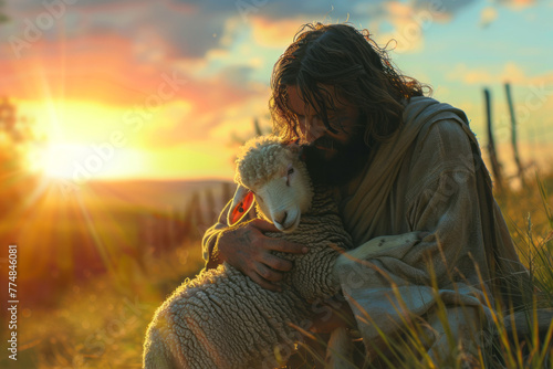 The figure of Jesus in a robe sitting on the grass with a sheep against the background of the sunset. Religion theme
 photo