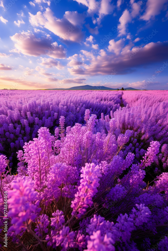 Field of purple lavender bushes in evening sunset