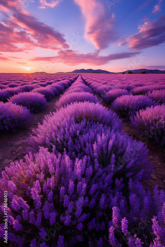 Rows of lavender bushes in a field evening sunset light