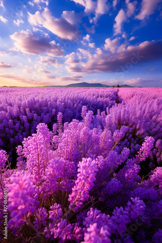 Field of purple lavender bushes in evening sunset
