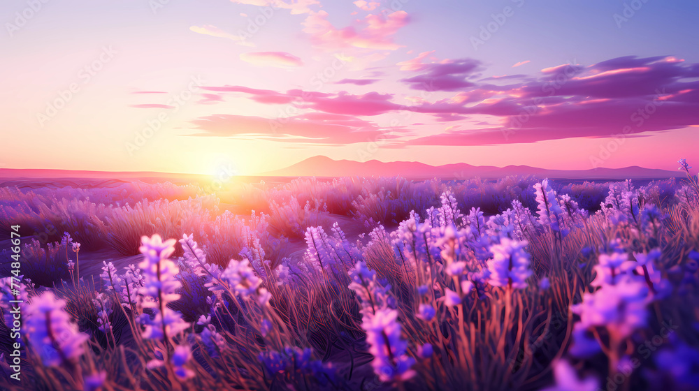 Field of lavender in sunset landscape Backdrop 