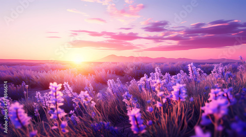 Field of lavender in sunset landscape Backdrop 