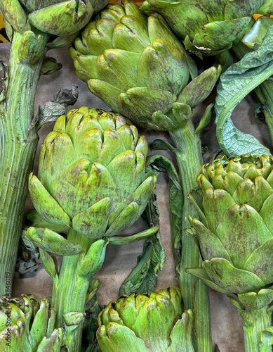 Close up of artichokes at an outdoor market in Izmir, Turkey