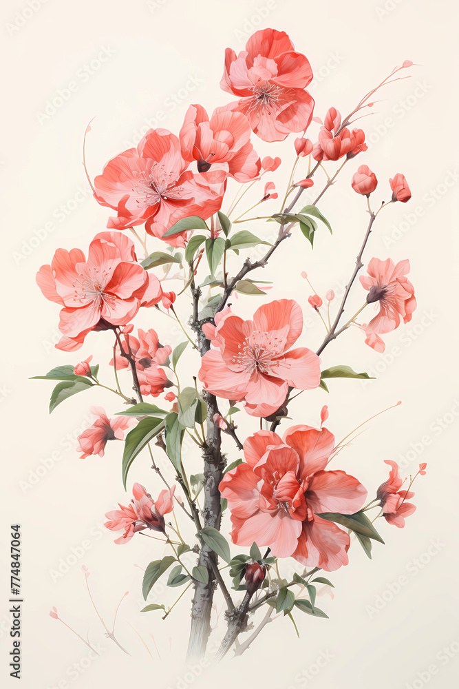 Pink flowers on a cream background vintage floral print