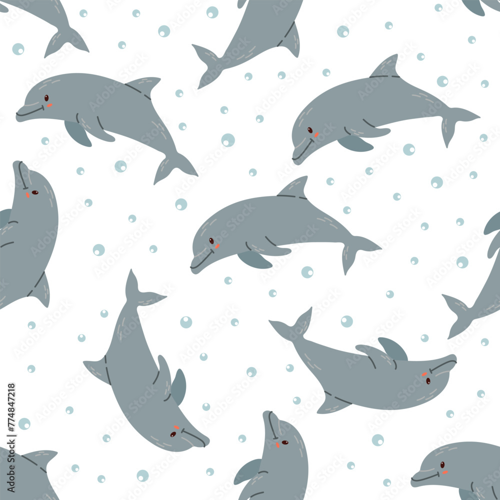 Cute hand-drawn colored dolphin, seamless pattern in flat style, ocean aquatic underwater kawaii vector. Vector cartoon illustration on white background. Cute hand-drawn colored dolphin, seamless pattern in flat style, ocean aquatic underwater kawaii vector. Vector cartoon illustration on white background.
