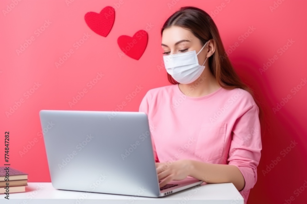 Focused woman in mask working on laptop with love hearts, a concept of remote work. Woman in Pink Working on Laptop Focused woman in mask working on laptop with love hearts, a concept of remote work. Woman in Pink Working on Laptop