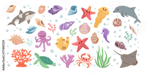 Sea animals. Hand-drawn sea life creatures and elements. Vector doodle cartoon set of marine life objects. Flat illustration on white background. Collection for stickers.