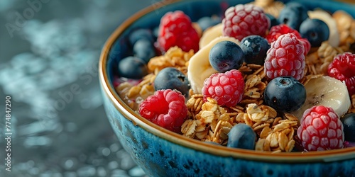 Delicious and Nutritious  Colorful Granola Bowl with Chia Seeds  Banana  and Wild Berries. Concept Healthy Eating  Breakfast Inspiration  Nutritious Recipes  Vibrant Food Photography