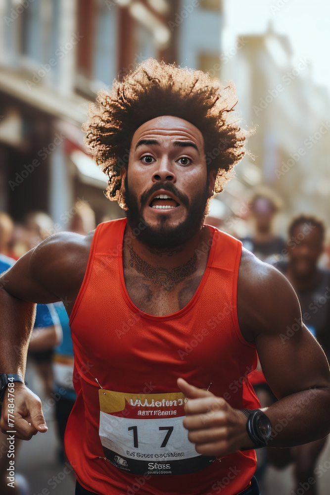 Marathon. Portrait of a man running along a city street against the backdrop of a crowd of running people. Concept of sport, healthy lifestyle Marathon. Portrait of a man running along a city street against the backdrop of a crowd of running people. Concept of sport, healthy lifestyle