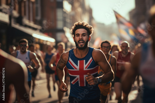 London Marathon. Portrait of a man running along a city street against the backdrop of a crowd of running people. Concept of sport, healthy lifestyle