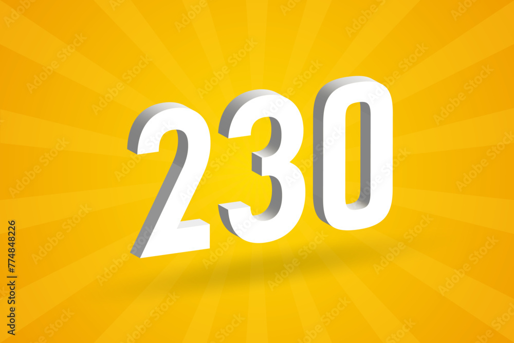 3D 230 number font alphabet. White 3D Number 230 with yellow background 3D 230 number font alphabet. White 3D Number 230 with yellow background
